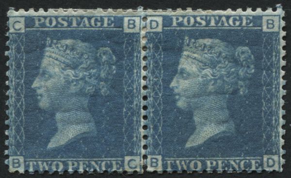 SG46 2d Blue BC-BD mint plate 13 pair, some original gum, one or two short perfs