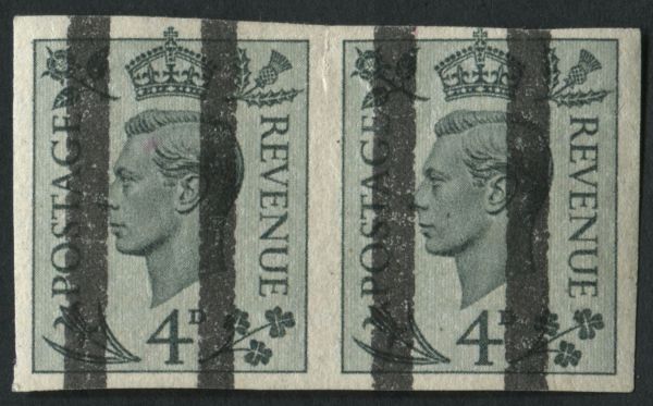 SG468a 1937-47 4d Grey-Green horizontal pair IMPERFORATE OPT. with black bars for PO training, M/M