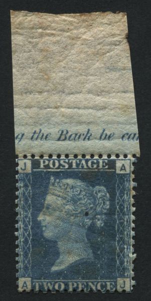 SG47 1858-79 2d Blue Pl.13 AJ, complete with marginal inscription