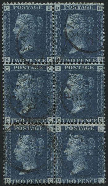 SG47 2d deep full Blue plate 13 BC-DD, VF/U block of 6, 1872 cds