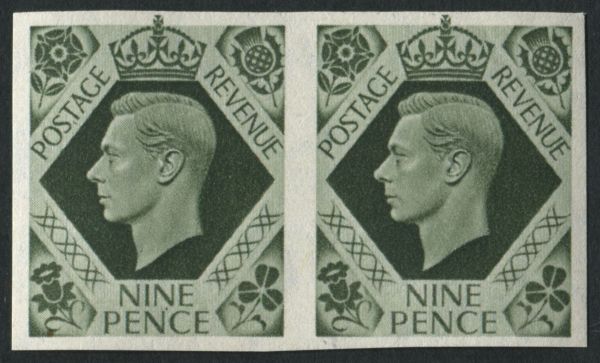 SG473var 1937-47 9d deep Olive-Green imperf imprimatur horizontal pair U/M