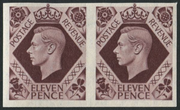 SG474avar 1937-47 11d Plum imperf imprimatur horizontal pair U/M