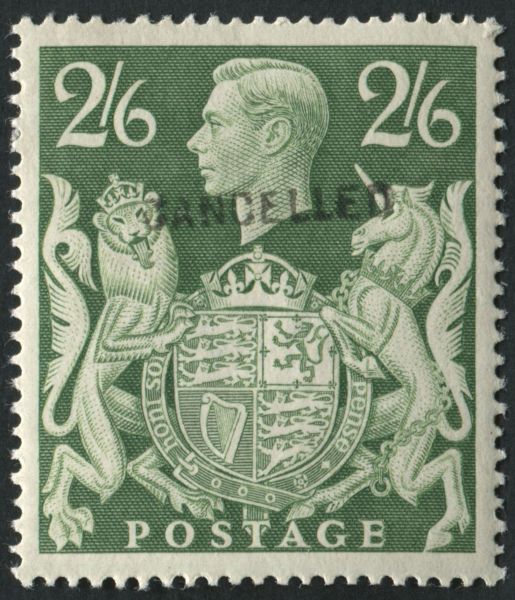 SG476a 2/6d Yellow Green mint O/P CANCELLED, very fine