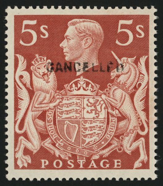 SG477 5/- Red with overprint CANCELLED SG SpecQ3/u, SG Cat 500