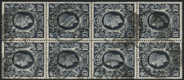 SG478 10/- dark Blue block of 8 used, displaying re entry and flaws in printing