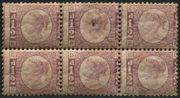 SG48 d Rose plate 6 block of 6 BC-CE, BD punctured, mint stained