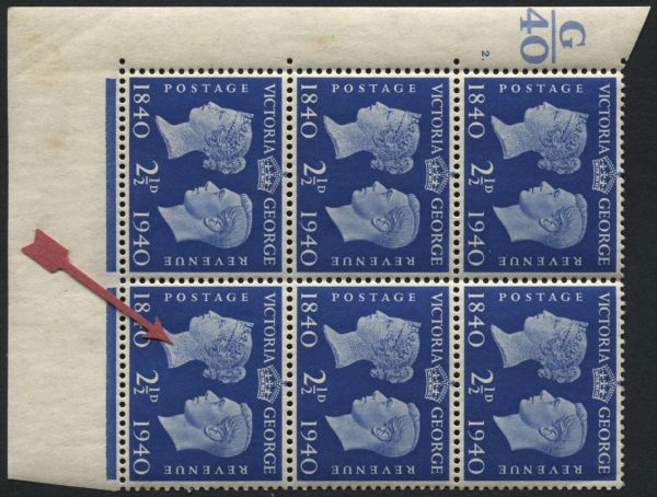 SG483 SpecQCom6a 1940 Centenary 2d Ultramarine lower left corner block of 6 (2x3) with control