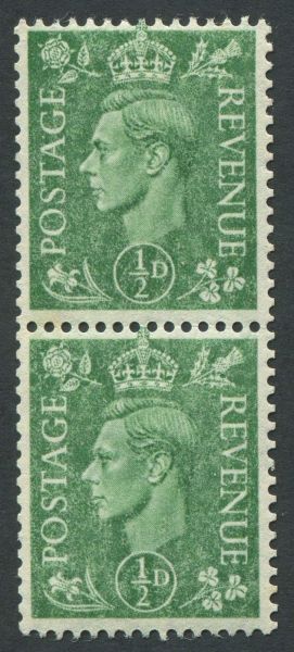 SG485 d Pale Green, vertical pair with mottled apperance and offset on rear