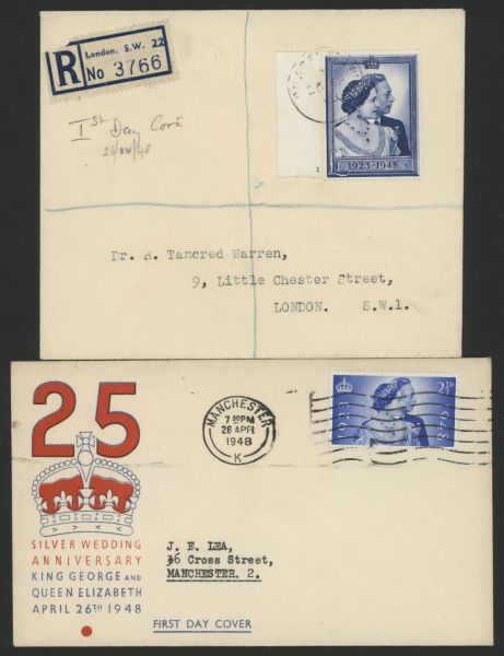 SG493/4 1948 RSW pair on two separate FDCs, the 1 value being a cyl 1 marginal example