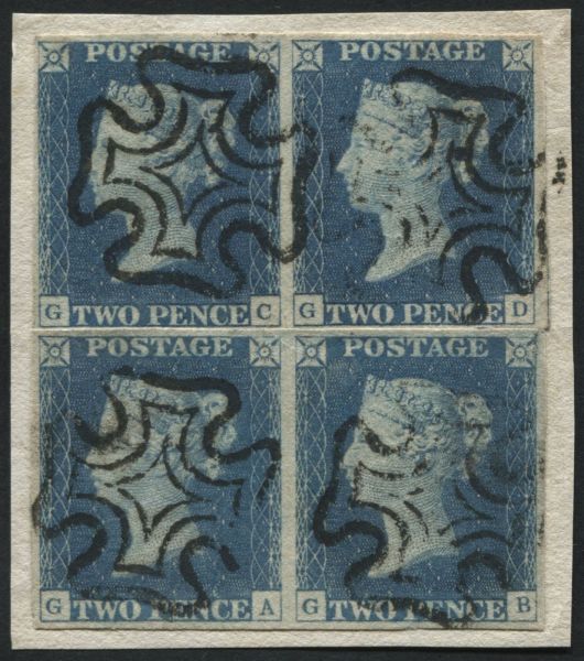 SG5 1840 2d Blue arranged as a block of 4 GA-GB and GC-GD horizontal pairs