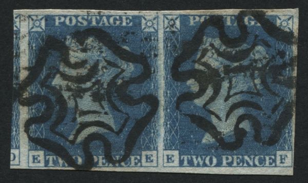 SG5 1840 2d Blue EE-EF pair, full margins part of ED at left, bold Black Maltese cross