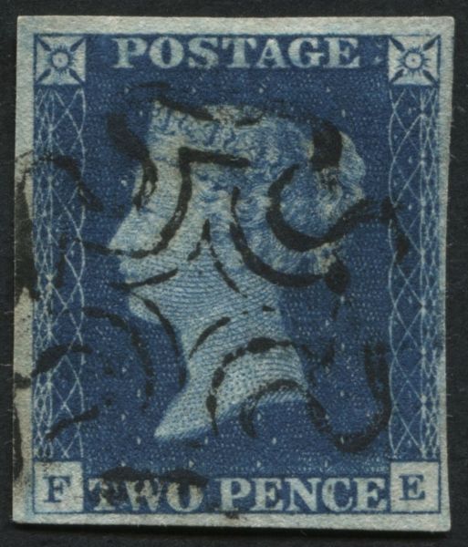 SG5 2d Blue FE plate 2, v fine Red Maltese cross, margins all round