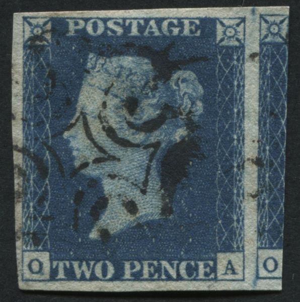 SG5 2d Blue OA Pl.2, double letter O, fine Black Maltese cross, large margins in places