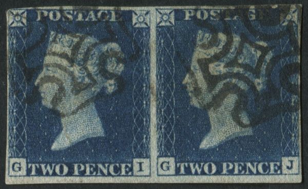 SG5 2d blue plate 1 GI-GJ horizontal pair with close good margins, fine black MX