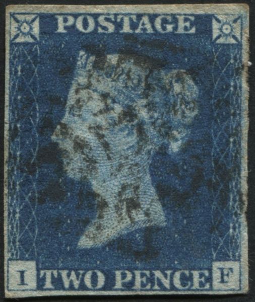 SG5 2d Blue plate 1 IF, 4 clear margins light Black Maltese cross