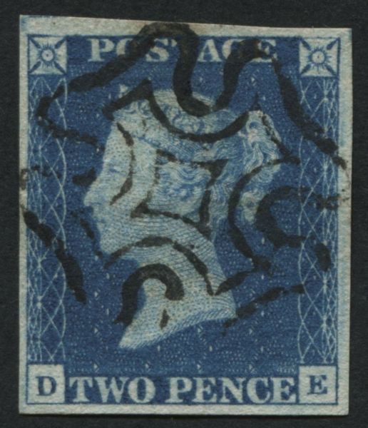 SG5 2d Blue plate 2 DE, 4 large margins neat Black Maltese cross