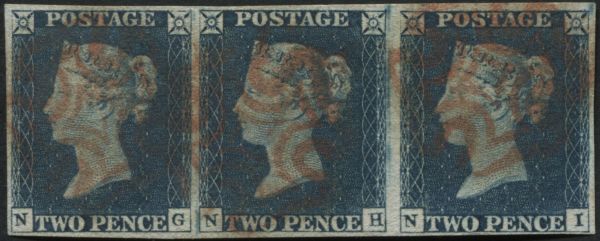 SG5 2d Steel Blue Pl.1 NG-NI strip, good to large margins pale Red Maltese cross, PEGB cert