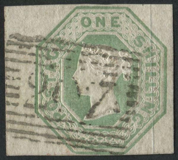 SG54 1/- pale Green Spec H1 ca used Single Silk Thread. Fine square cut, with cert used in Kirkwall