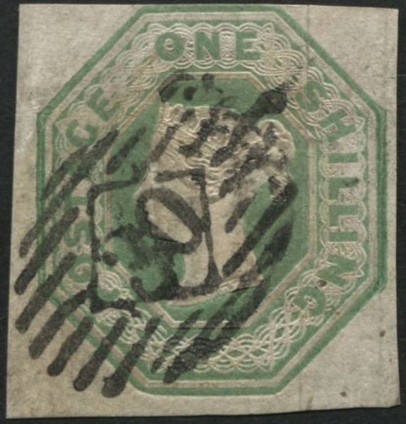 SG54 1/- pale Green with fine neat London 30 in diamond, 4 margin