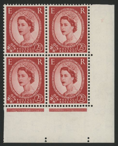 SG544var 1955-58 2d Carmine-Red lower right corner marginal block of 4, showing b for d U/M