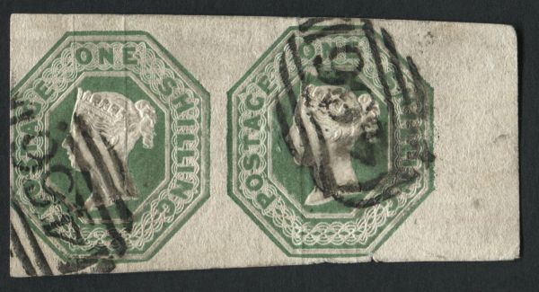 SG55 1/- deep green horizontal pair fine used with clear to enormous margins, cancelled 466