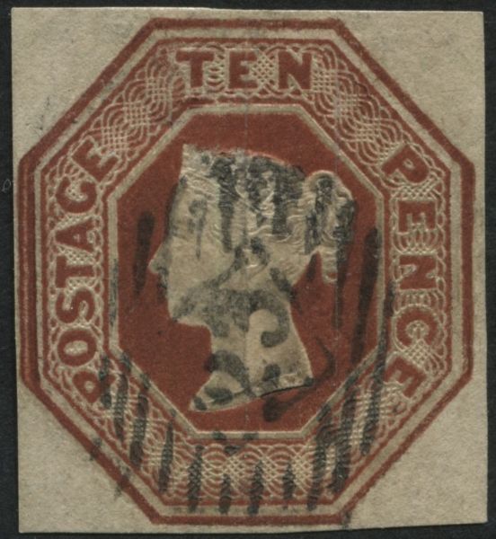 SG57 10d Red Brown superb square cut with margins, the embossing is first rate showing the Die 3 W.W