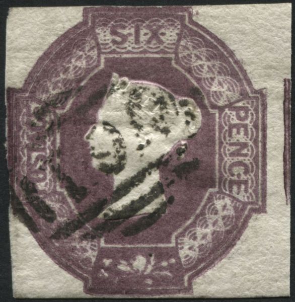 SG58 6d Mauve cut square, used with fine cancel