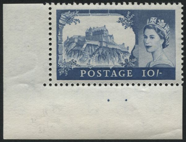 SG597 SpecT16a 10/- Ultramarine on cream paper, with 2 plate dots in margin, scarce variety