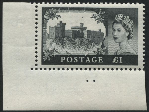 SG598 SpecT22a 1 Black on cream paper corner marginal with variety, 2 dots in corner margin