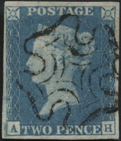 SG6 1840 2d Blue plate 2 AH pale Blue, good to large margins cancelled by crisp BlackMaltese cross