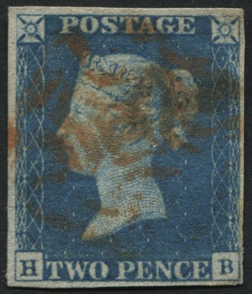 SG6 2d pale Blue HB, 4 good margins lovely pale Red Maltese cross