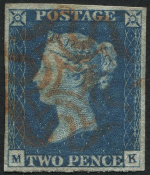 SG6 2d pale Blue MK plate 1, 4 clear margins Orange-Red Maltese cross on face