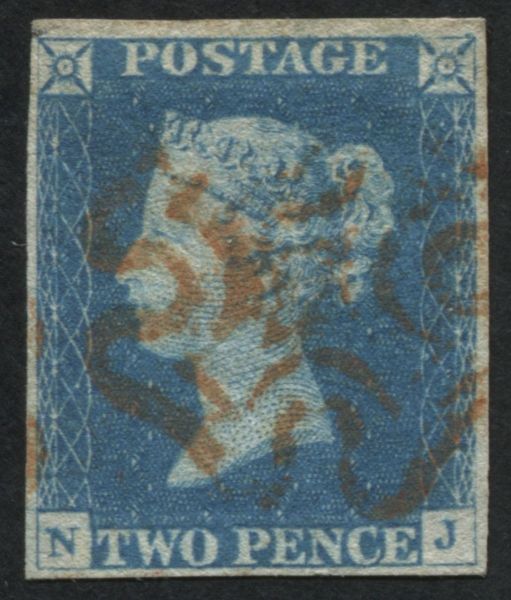 SG6 2d pale Blue NJ plate 1, has 4 clear margins very prettily cancelled in Orange-Red