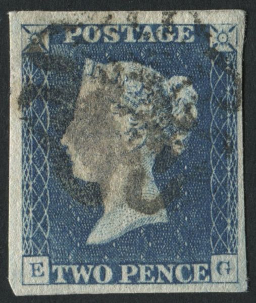 SG6 2d Pale blue plate 1 roller flaw, pale grey Maltese cross EG 4 large margins