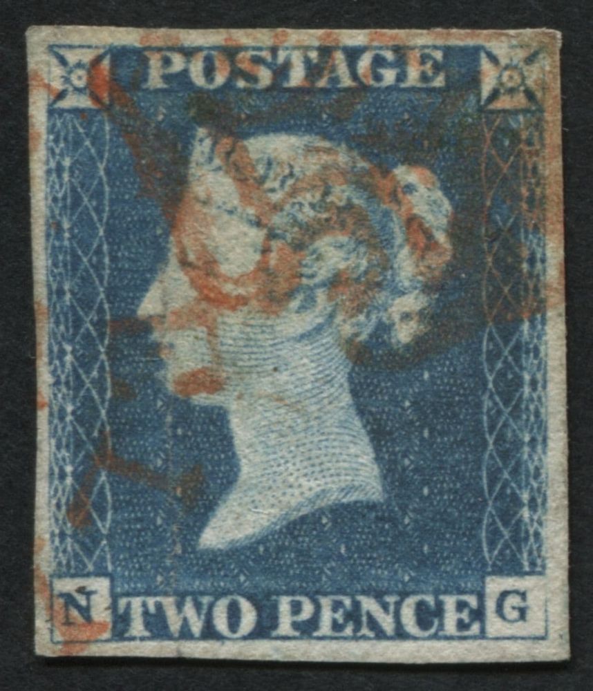 SG6 Two pence pale Blue plate 1, has Orange Maltese cross 4 large margins