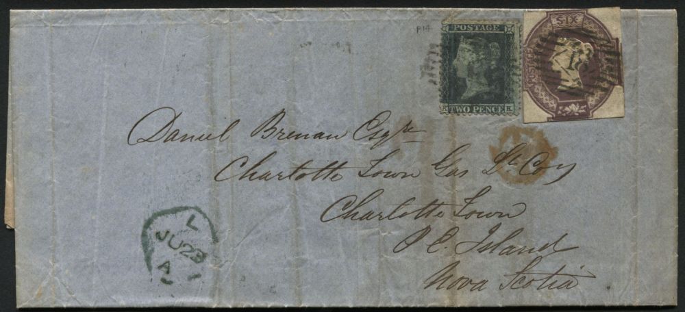 SG60 6d Purple and 2d Blue on 1855 entire letter London to Prince Edward Island, fine and scarce