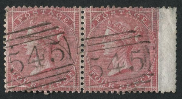 SG66 4d rose carmine horizontal pair, good colour struck with neatest of Newcastle upon Tyne cancel