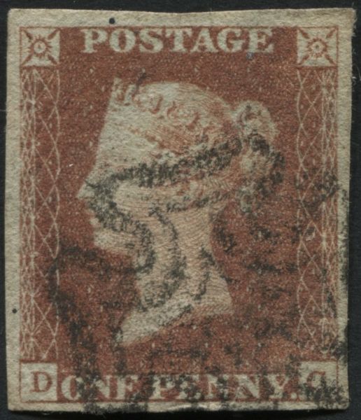 SG7 1d Red-Brown DG plate 2 with 4 large margins, fine Black Maltese cross