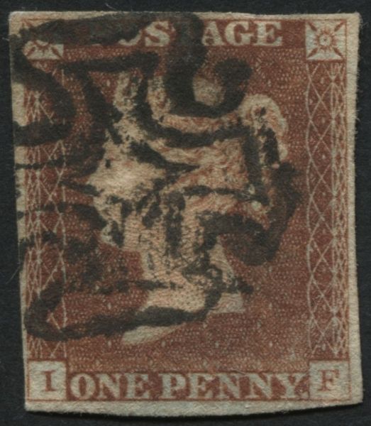 SG7 1d Red Brown IF plate 2, has 4 clear margins firm Black Maltese cross