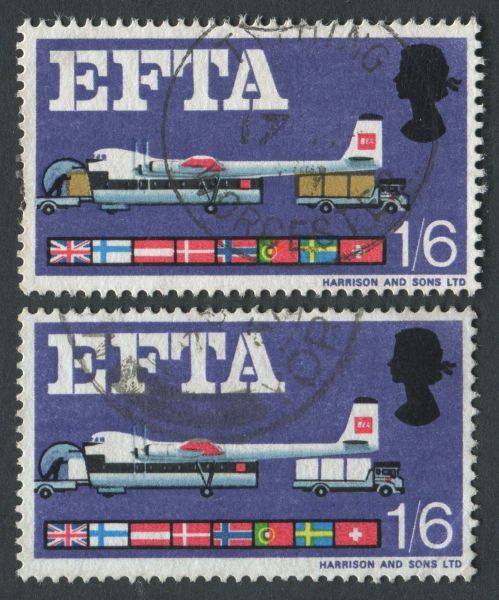 SG716c 1967 EFTA 1s6d, VAR 'Brown omitted', Fine Used with normal to compare