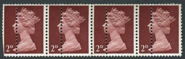 SG726var 2d Lake-Brown Strip of 4, extra vertical perfs through each stamp, U/M