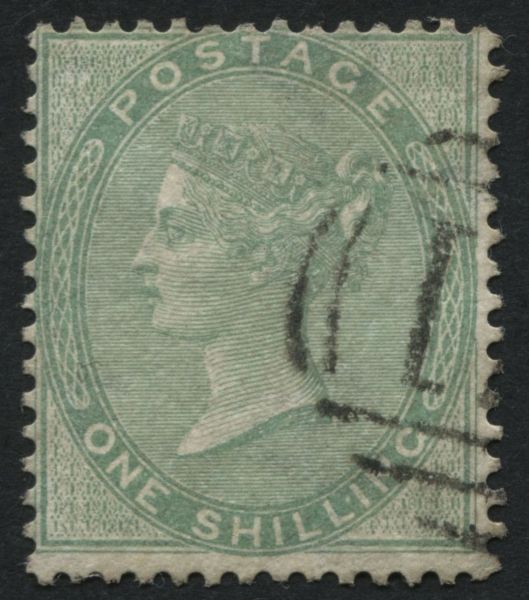 SG73 1855-57 1s pale Green, VF/U with part barred oval numeral leaving profile clear