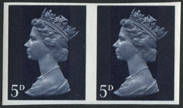 SG735c 1967-70 5d Royal Blue Pair, IMPERFORATE, lightly mounted mint