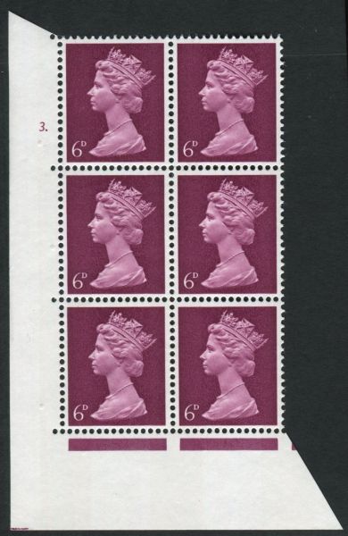 SG736Ea 1967-70 6d bright Magenta, cyl 3., block of 6 (2x3), U/M