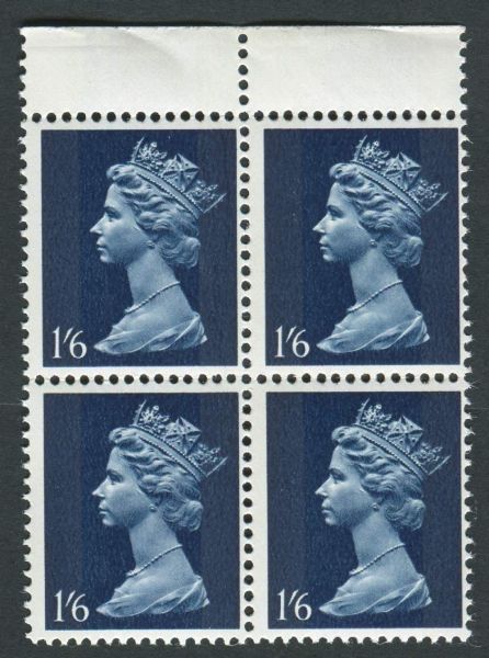 SG743a 1967-70 1s6d, Upper Marginal block of 4, Greenish-Blue Omitted, U/M