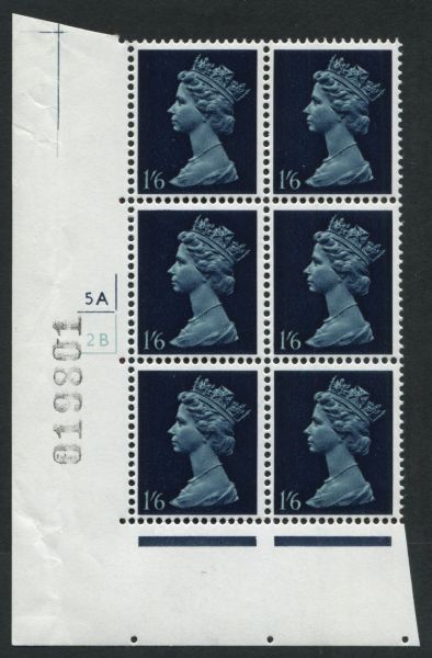 SG743var 1s6d Prussian Blue & Indigo block cyl 2A, 2B U/M