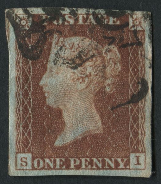 SG8 1841 1d Red-Brown plate 12 SI, 4 margins Black MX clear of profile