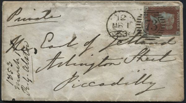 SG8 1d Red AB 4 clear margins to the Earl of Zetland, clear date 1.3.1853