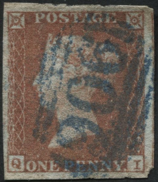 SG8 1d Red-Brown 4 good margins, has a bright Blue numeral '906'