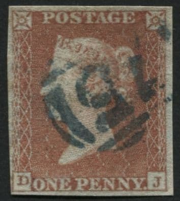 SG8 1d Red Brown DJ plate 125 with fine 75 Birmingham cancel in bright Blue, 4 margins